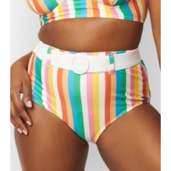 Unique Vintage Retro Rainbow Stripe Belted High Waist Swim Bikini Bottom M NWOT - Picture 1 of 4
